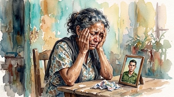 Ilustración en acuarela de una mujer llorando junto a una foto enmarcada de un joven uniformado y un pañuelo arrugado sobre una mesa.