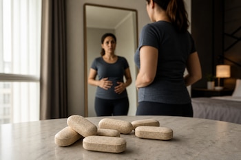 Pastillas grandes sobre una mesa y, al fondo, el reflejo de una mujer mirándose el abdomen frente a un espejo.
