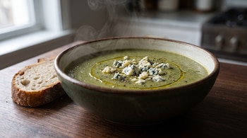 Un tazón de cerámica con crema verde, trozos de queso azul y aceite de oliva, acompañado por una rebanada de pan en una mesa de madera.