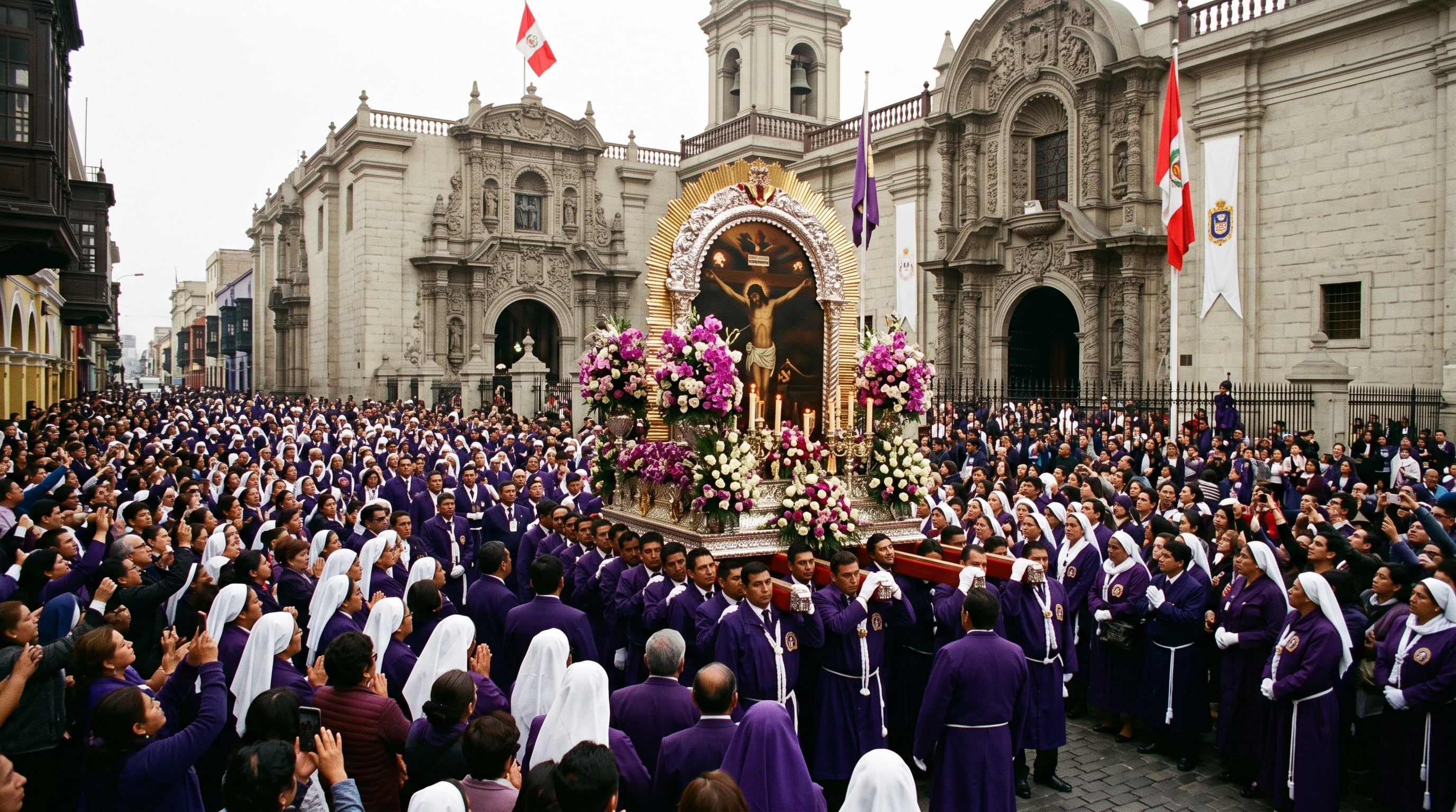 Fieles vestidos con hábitos morados cargan el anda del Señor de los Milagros frente al Santuario de las Nazarenas en el centro histórico de Lima. (Imagen Ilustrativa Infobae)