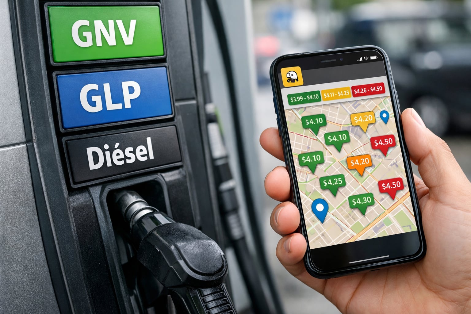 Una mano sostiene un teléfono móvil que muestra una aplicación de comparación de precios de combustible con un mapa de estaciones, junto a un surtidor con opciones de GNV, GLP y diésel. (Imagen Ilustrativa Infobae)