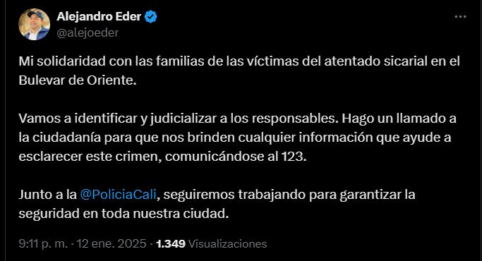Alcalde de Cali, Alejandro Eder sobre masacre en Bulevar de Oriente - crédito @alejoeder / X