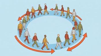 Ilustración de personas estilizadas caminando en un círculo. Flechas naranjas gruesas muestran dos direcciones opuestas en el recorrido sobre un fondo azul claro