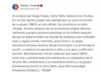 Captura de pantalla de un tuit de Donald J. Trump. El texto es un mensaje de condolencias por el fallecimiento de Victor Willis