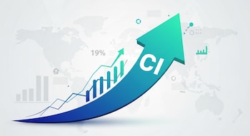 Un gráfico digital con fondo blanco y mapa mundial sutil, mostrando una gran flecha azul y verde apuntando hacia arriba con las letras "CI" y un 19%.