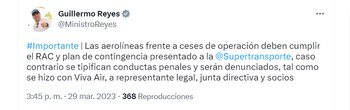 El ministro Reyes trinó sobre