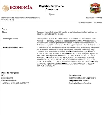 Documento de rectificación inscrito el 10 de septiembre de 2026 en el Registro Público de Comercio de Tijuana, mediante el cual Marina del Pilar Ávila dejó de figurar como socia de Vida Orgánica Tijuana. (Registro Público de Comercio)