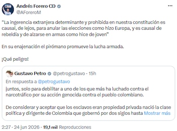 Andrés Forero alertó sobre el peligro de los discursos de Gustavo Petro y advirtió sobre posibles consecuencias legales - crédito @AForeroM/X