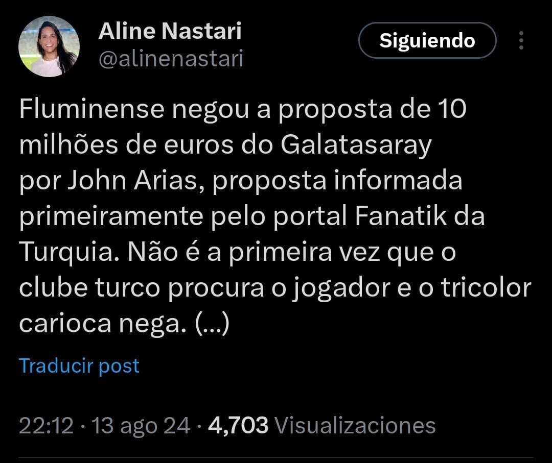 A través del siguiente trino, la periodista de TNT Sports Brasil confirmó la oferta rechazada de Galatasaray por Fluminense - crédito @alinenastari / X