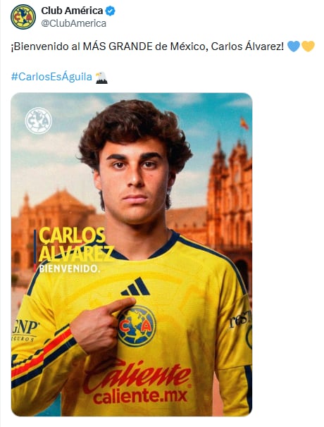 Carlos Álvarez es oficialmente presentado como jugador del América. (X/ @ClubAmerica)