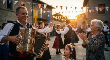 Un hombre sonriente toca un acordeón en una plaza exterior decorada con banderines, rodeado de personas bailando y una anciana aplaudiendo. Una niña mira hacia arriba.