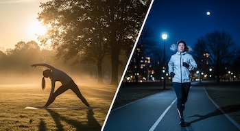 Imagen dividida mostrando a una persona haciendo yoga en un parque al amanecer y a otra corriendo por una pista de noche.