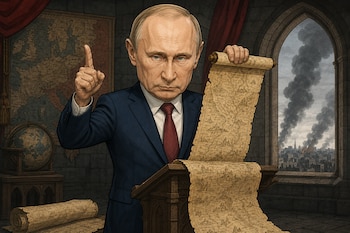 Ilustración de Vladímir Putin con traje que sostiene un pergamino en un atril junto a un globo terráqueo y una ventana con columnas de humo.