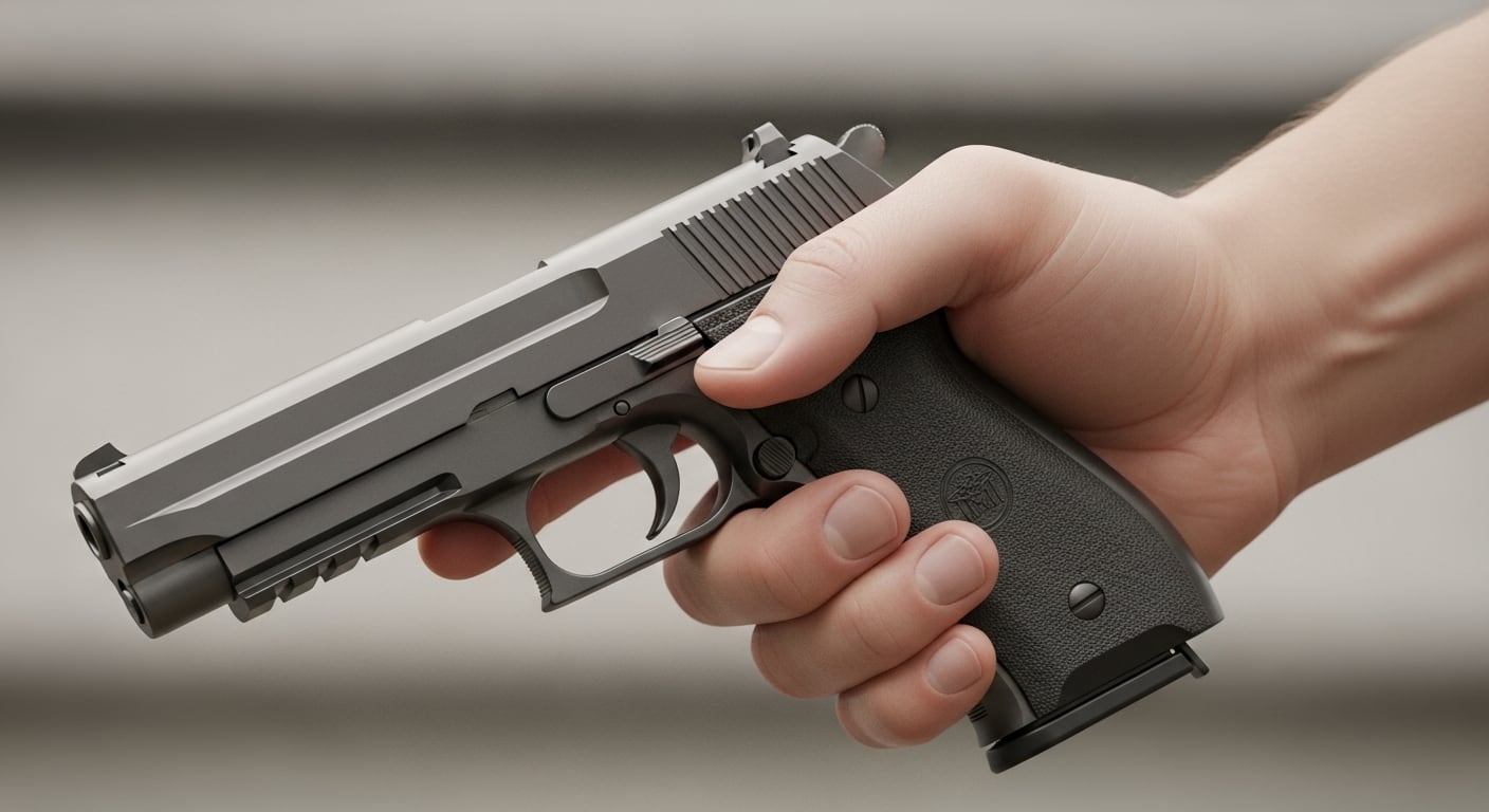 Una mano sujeta con firmeza una pistola semiautomática en un fondo neutro. (Imagen Ilustrativa Infobae)