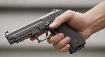 Una mano sostiene una pistola semiautomática de color gris con empuñadura negra, el cañón apunta hacia la izquierda y la parte trasera hacia la derecha.