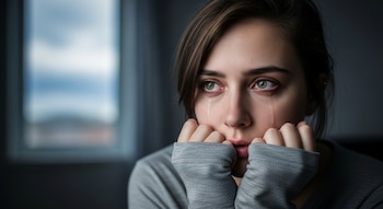 Primer plano de una joven con cabello castaño y ojos verdes, lágrimas en sus mejillas y manos cerca de la boca. Una ventana borrosa al fondo.