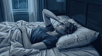 Ilustración en tonos azules de una persona acostada en una cama con la mano en la frente mirando hacia el techo.