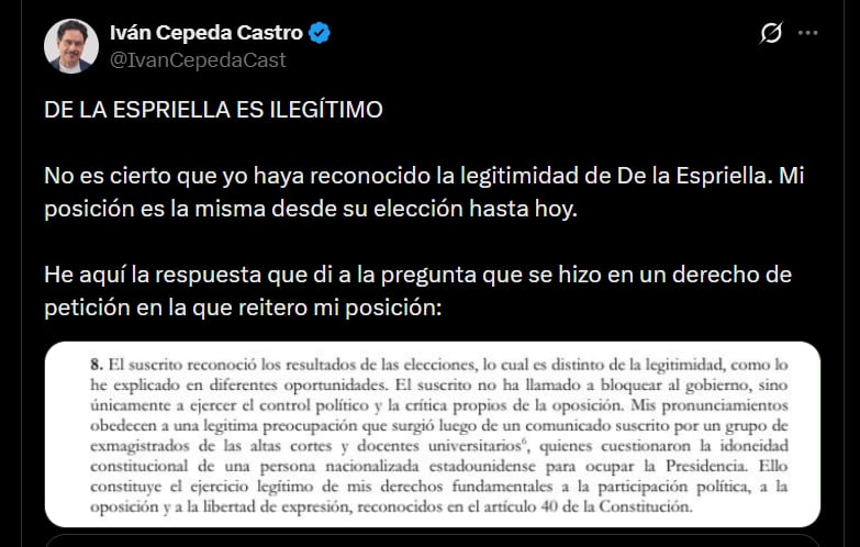 Iván Cepeda señaló que no ha reconocido la legitimidad de Abelardo de la Espriella como presidente de Colombia - crédito @IvanCepedaCast/X