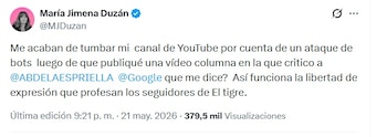 Duzán compartió el ataque a su cuenta en YouTube desde su perfil de X - crédito @MJDuzan/X