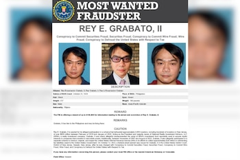 Cartel "Most Wanted Fraudster" del FBI con sello oficial, nombre Rey E. Grabato II, tres fotografías de identificación y texto descriptivo