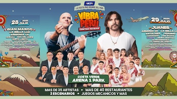 Afiche del festival Vibra Perú. Juanes y Gian Marco en primer plano, grupos de artistas. Fechas 28 y 29 de julio, lugar Costa Verde Arena 1 Park. Fondo con montañas y elementos de feria