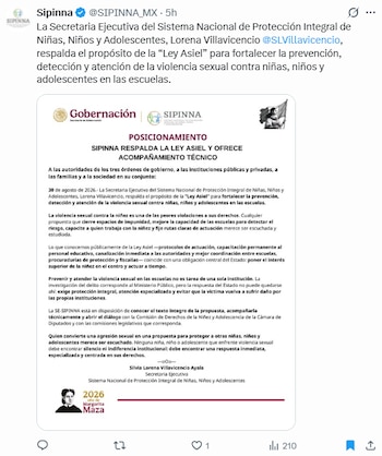 Publicación en redes sociales con un documento oficial de la Secretaría de Gobernación de México sobre la propuesta de la Ley Asiel