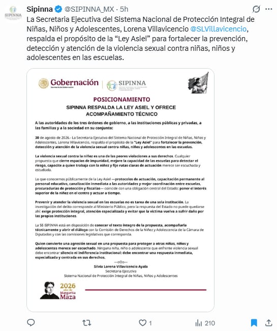 La Secretaria Ejecutiva del SIPINNA en México, Lorena Villavicencio, expresa su respaldo a la Ley Asiel para prevenir y atender la violencia sexual infantil en las escuelas. (@SIPINNA_MX)