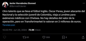 El periodista de Gol Caracol y Blog Deportivo confirmó la noticia en horas de la noche crédito-X/@BonettHJavier