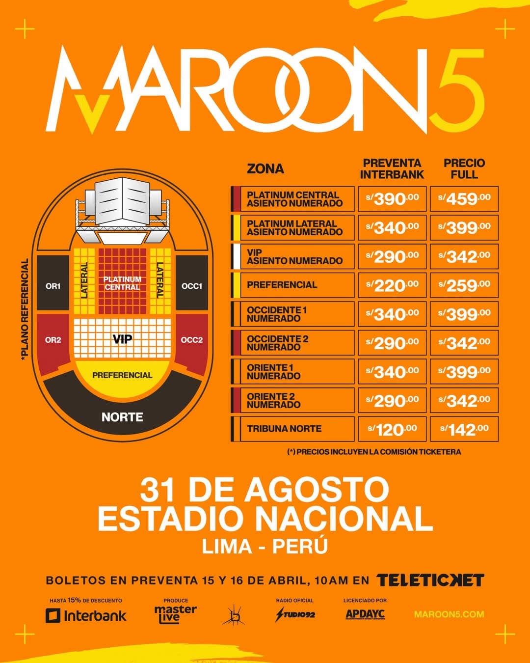 Información detallada sobre los precios de las entradas y la distribución de zonas para el concierto de Maroon 5 en el Estadio Nacional de Lima el 31 de agosto, incluyendo preventa con Interbank a través de Teleticket.
