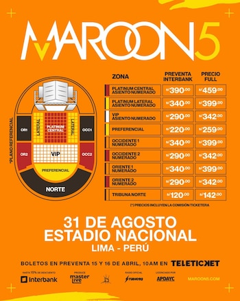 Afiche promocional del concierto de Maroon 5 en Lima, mostrando el logo de la banda, un mapa de zonas del Estadio Nacional, precios de entradas y fechas de preventa