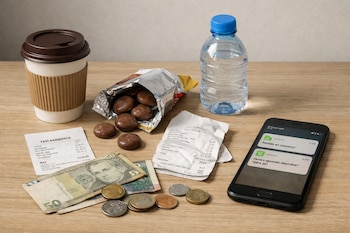 Vaso de café descartable, bolsa de galletas, botella de agua, recibos de taxi y supermercado, billetes y monedas de sol peruano, celular con notificaciones de apps.