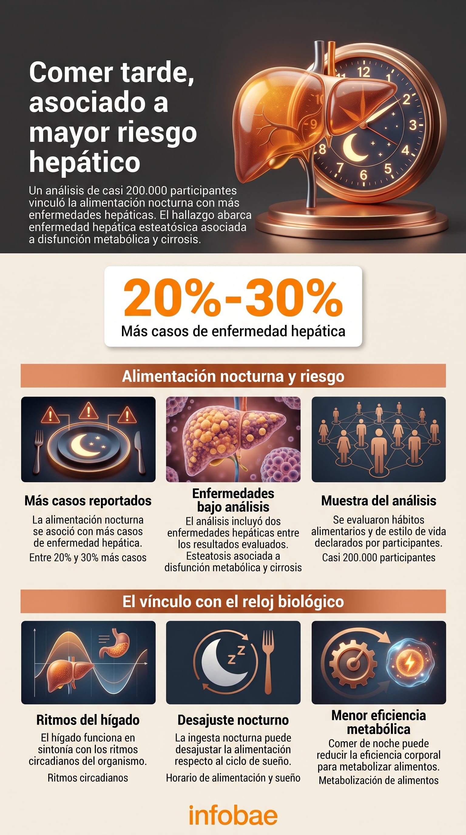 La alimentación nocturna se asocia con un mayor riesgo de enfermedad hepática según un estudio de la Universidad de Oregón y el Hospital General de Massachusetts, en Estados Unidos (Imagen Ilustrativa Infobae)