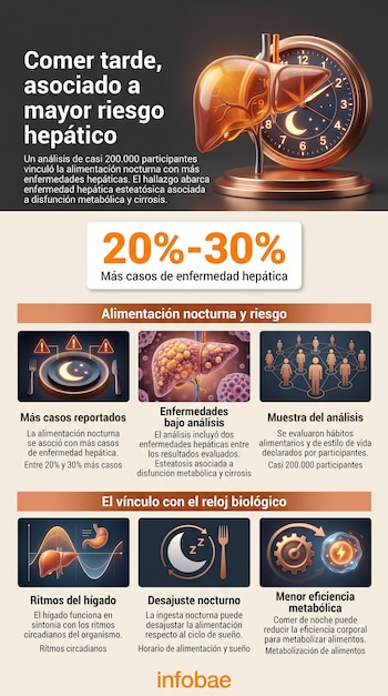 Infografía con ilustraciones de un hígado, un reloj, platos de comida, siluetas humanas y textos con datos sobre la alimentación nocturna.