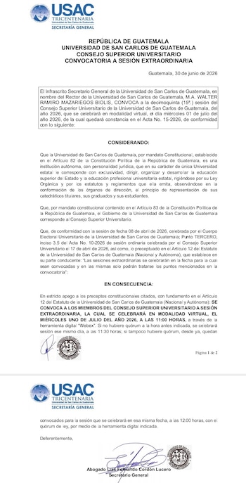 La agenda del Consejo Superior Universitario sí contempló la elección de próximas autoridades de dirección a partir de una terna propuesta por Walter Mazariegos. (Cortesía: Redes sociales)