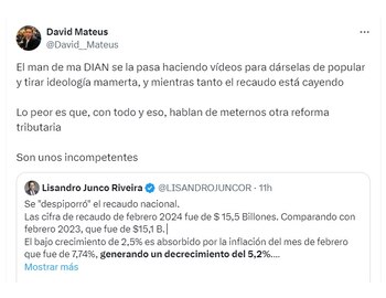 David Mateus, consultor de marketing político, calificó de "incompetentes" a los funcionarios de la Dian por las cifras de recaudo tributario - crédito @David_Mateus/X