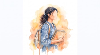 Ilustración en acuarela de una mujer con cabello rizado, blusa azul, mochila y cuadernos, sobre manchas de color naranja y amarillo.