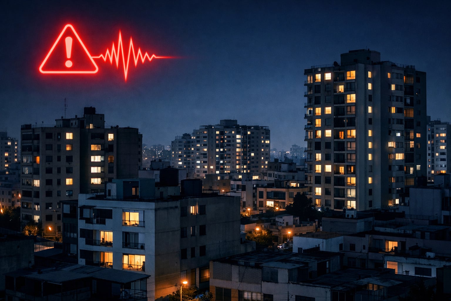 Una señal de alerta sísmica roja se sobrepone sobre el cielo oscuro de Lima, que muestra edificios residenciales con algunas luces encendidas por la noche. (Imagen Ilustrativa Infobae)