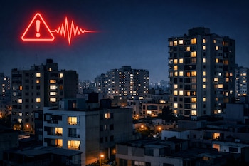 Vista nocturna de edificios residenciales, algunos con luces encendidas. Un símbolo triangular rojo de advertencia y un gráfico de ondas sísmicas se superponen en el cielo.
