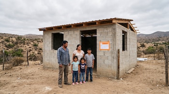 Una familia de cinco personas permanece ante una estructura de bloques de concreto con un aviso de papel pegado en la pared.
