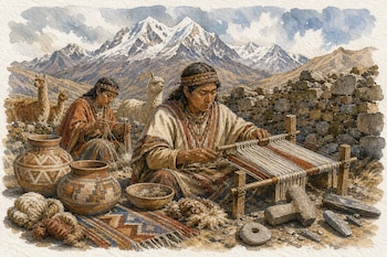 Dos artesanos andinos trabajan con un telar y lana junto a vasijas de cerámica, herramientas de piedra, alpacas y montañas nevadas.