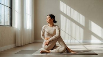 Una mujer con ropa deportiva color crema hace una torsión espinal sentada sobre una colchoneta de yoga gris en un cuarto bien iluminado con una ventana grande.
