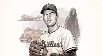 Un jugador de béisbol con uniforme blanco de los Phillies, gorra con letra P y guante; detrás, un avión antiguo, un autobús y una figura de esqueleto con túnica.