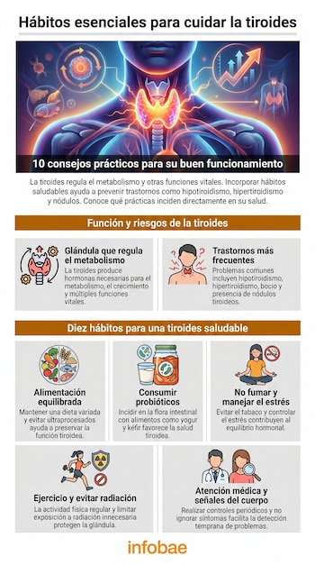 Infografía sobre la tiroides con una ilustración central de la glándula en el cuello, rodeada de iconos que representan hábitos saludables y atención médica.