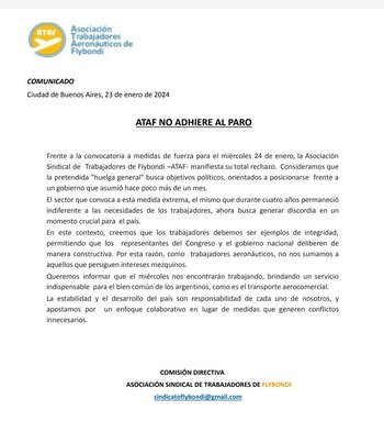 ATAF manifestó su rechazo total