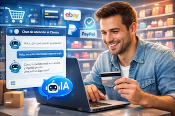 Hombre sonriente usando una laptop con un chat de IA, sosteniendo una tarjeta de crédito, con íconos de e-commerce y estanterías virtuales en el fondo.