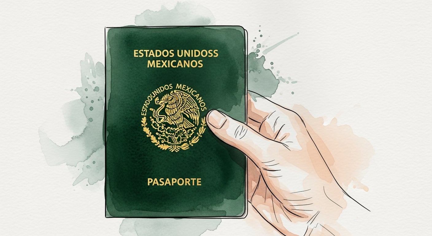 Ilustración en acuarela de una mano sosteniendo un pasaporte de los Estados Unidos Mexicanos, representando la documentación de viaje. (Imagen Ilustrativa Infobae)