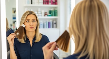 Una mujer rubia con una blusa azul sostiene un mechón de cabello castaño junto a su rostro rubio, observando su reflejo con una expresión de duda en un espejo de salón.