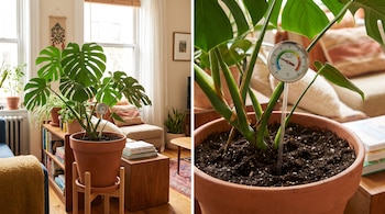 Planta monstera en maceta de terracota sobre base de madera con un termómetro de suelo. Fondo de sala con ventanas, libros y mobiliario.