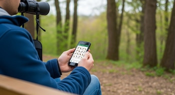 Un joven de espalda sentado en un banco de madera sostiene un teléfono móvil con una aplicación de identificación de aves, tiene unos prismáticos al cuello, en un bosque.