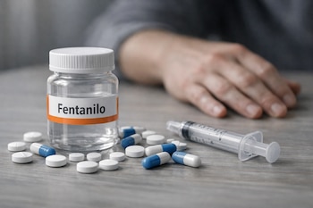 Frasco transparente etiquetado 'Fentanilo' con tapa blanca, píldoras blancas y azules dispersas, una jeringa sin aguja, y mano de adulto sobre mesa de madera.